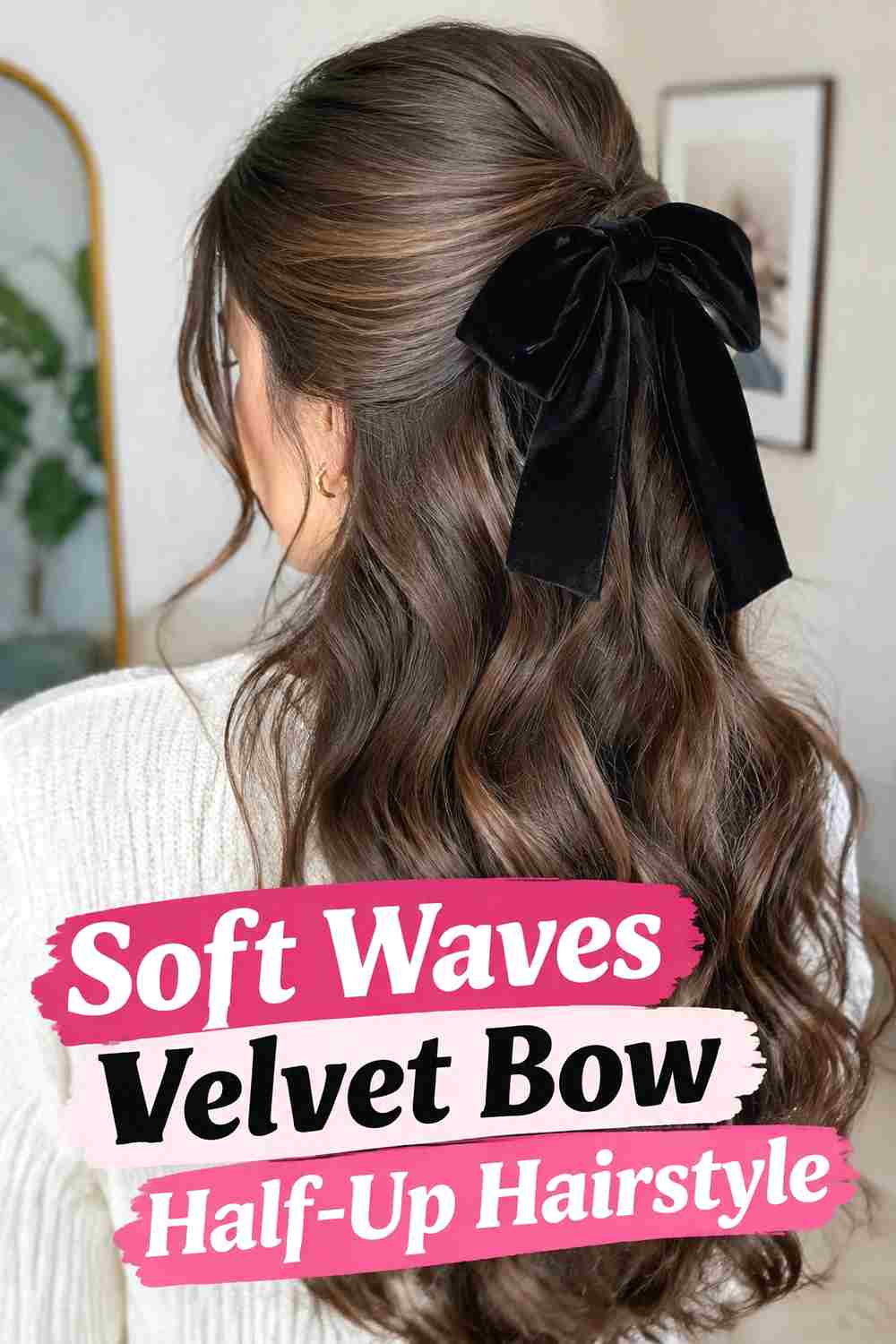 2. Soft Waves Velvet Bow Half Up Hairstyle