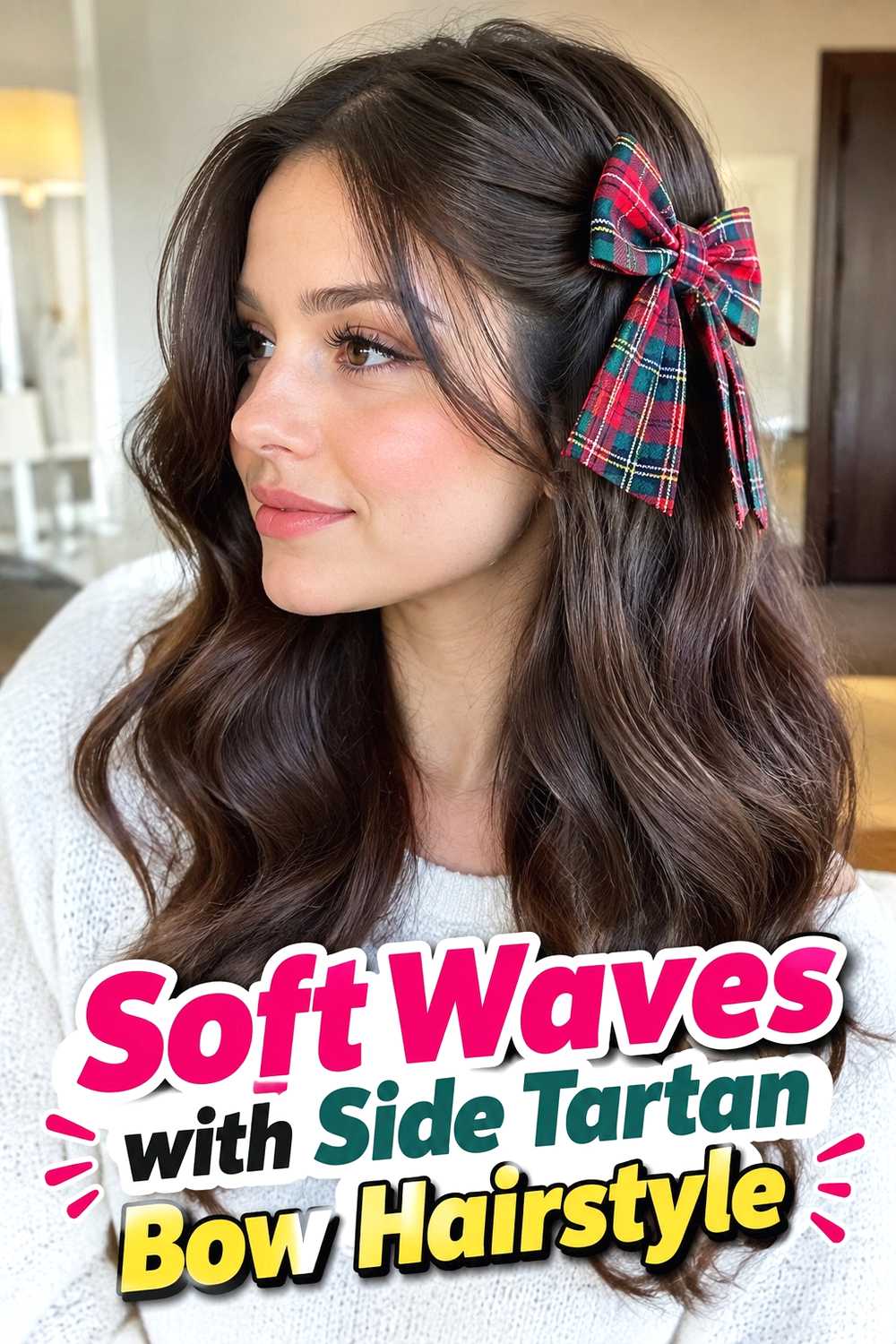 3. Soft Waves With Side Tartan Bow Hairstyle