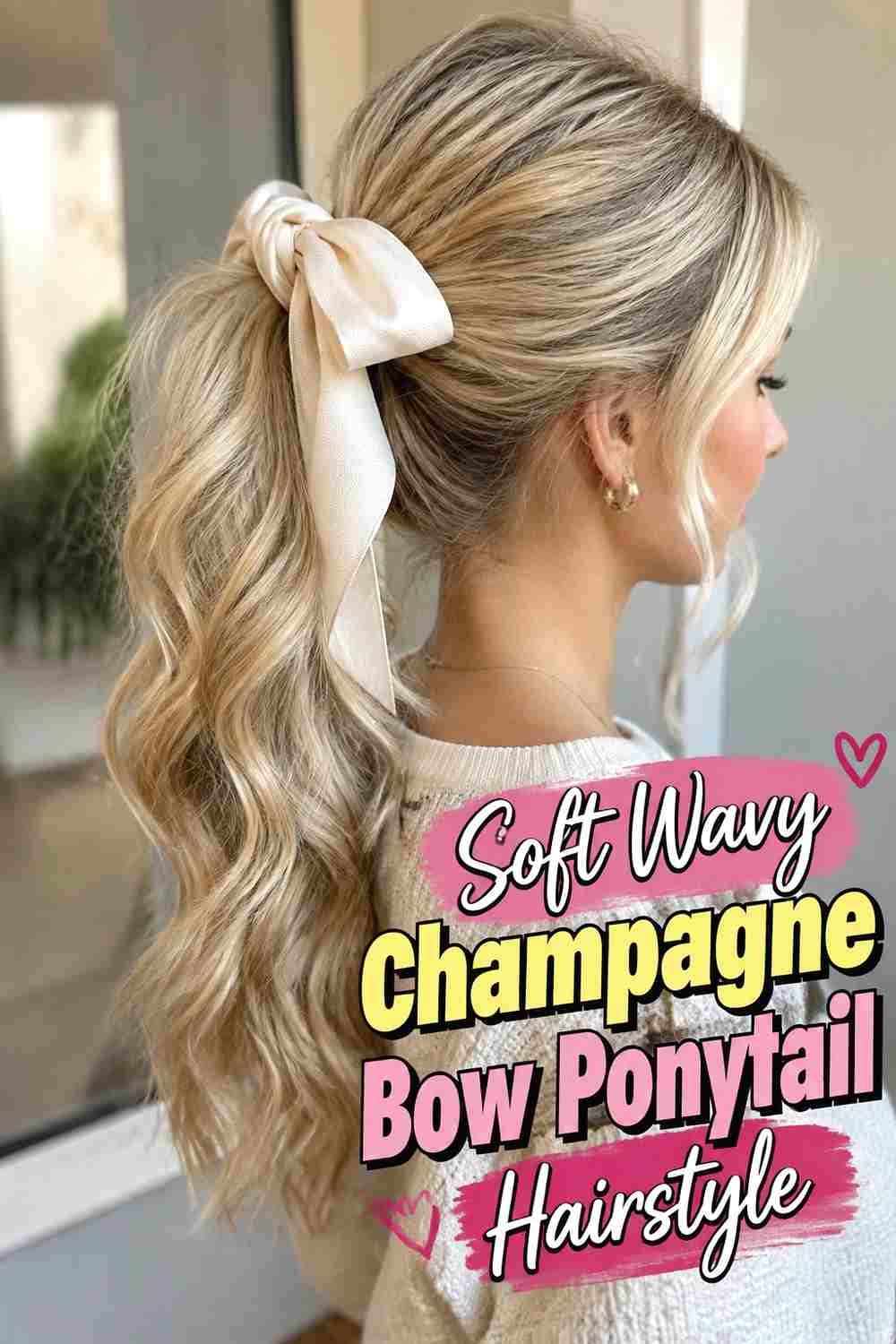 4. Soft Wavy Champagne Bow Ponytail Hairstyle
