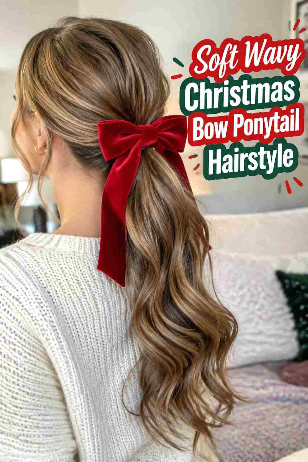12. Soft Wavy Christmas Bow Ponytail Hairstyle