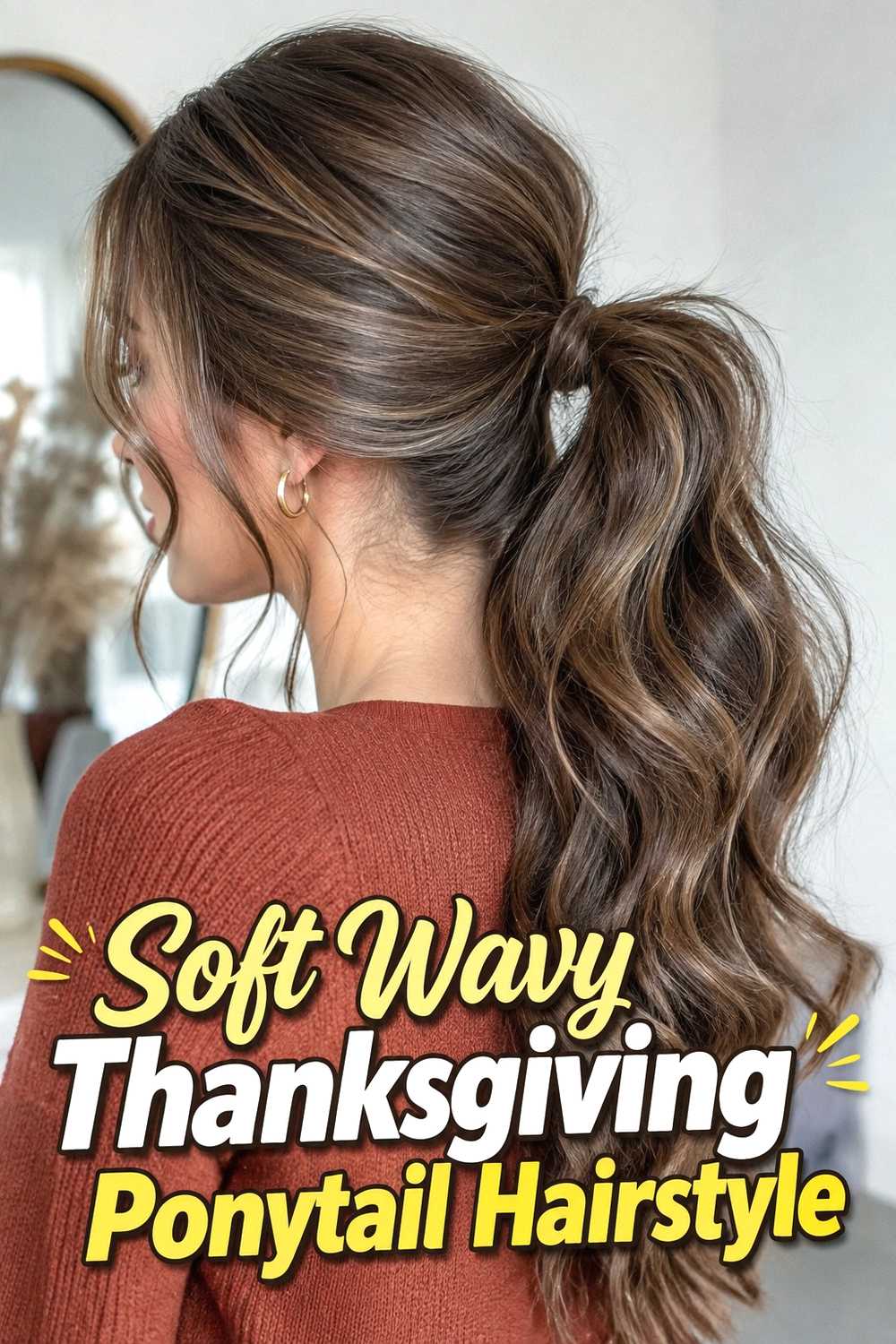 1. Soft Wavy Thanksgiving Ponytail Hairstyle