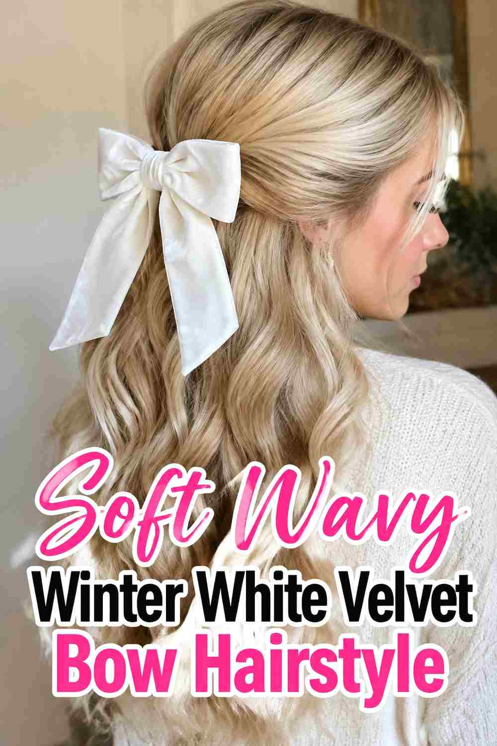 5. Soft Wavy Winter White Velvet Bow Hairstyle
