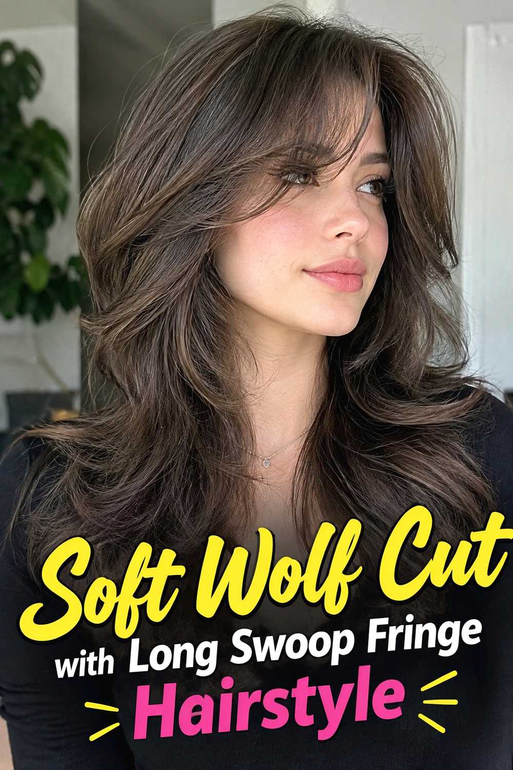 13. Soft Wolf Cut With Long Swoop Fringe Hairstyle