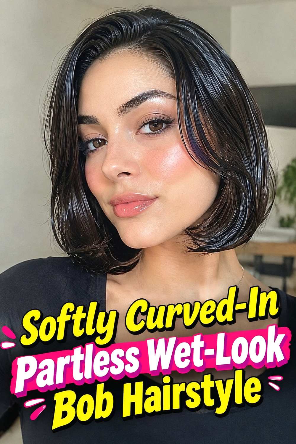 4. Softly Curved In Partless Wet Look Bob Hairstyle