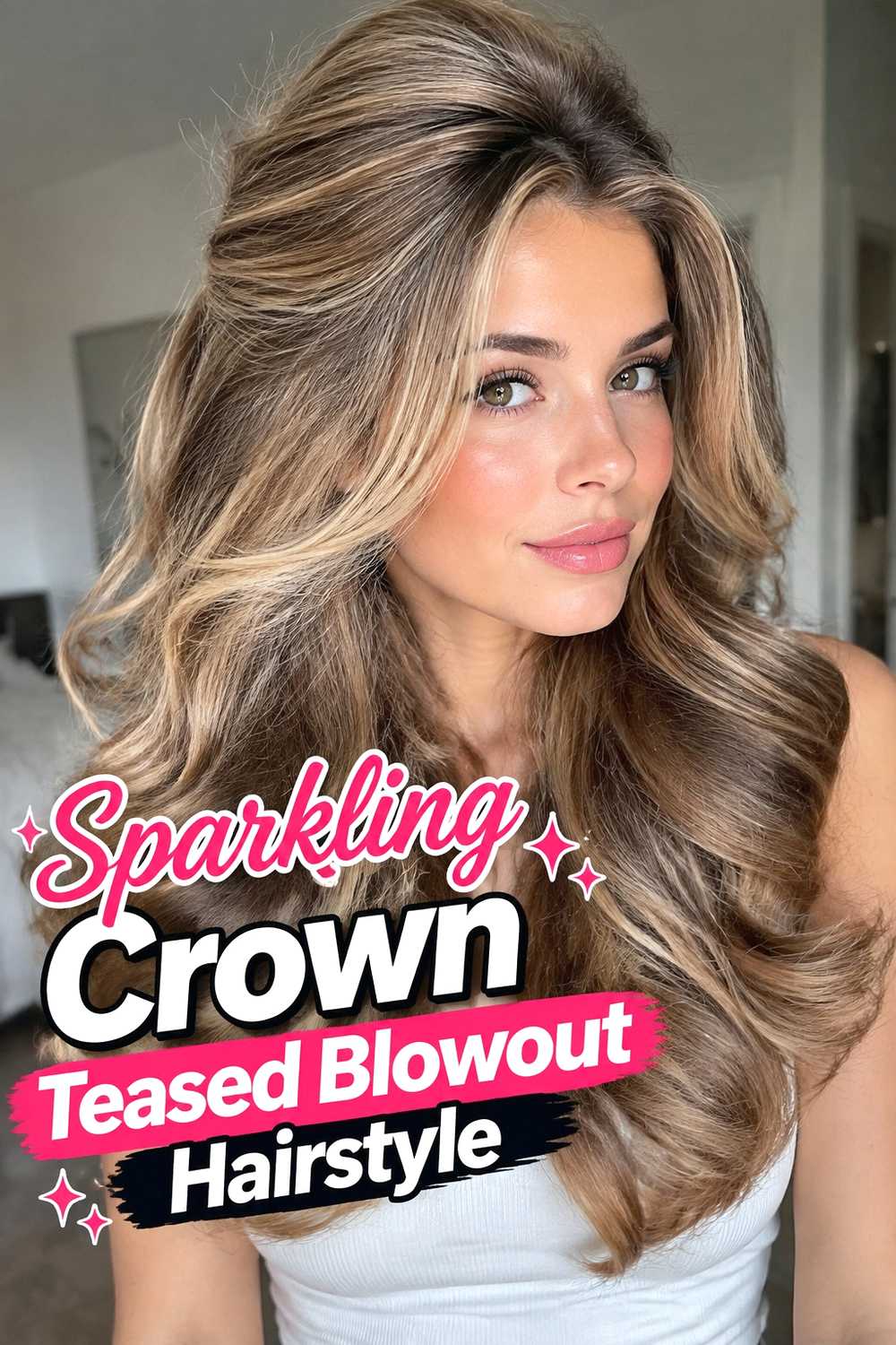 5. Sparkling Crown Teased Blowout Hairstyle