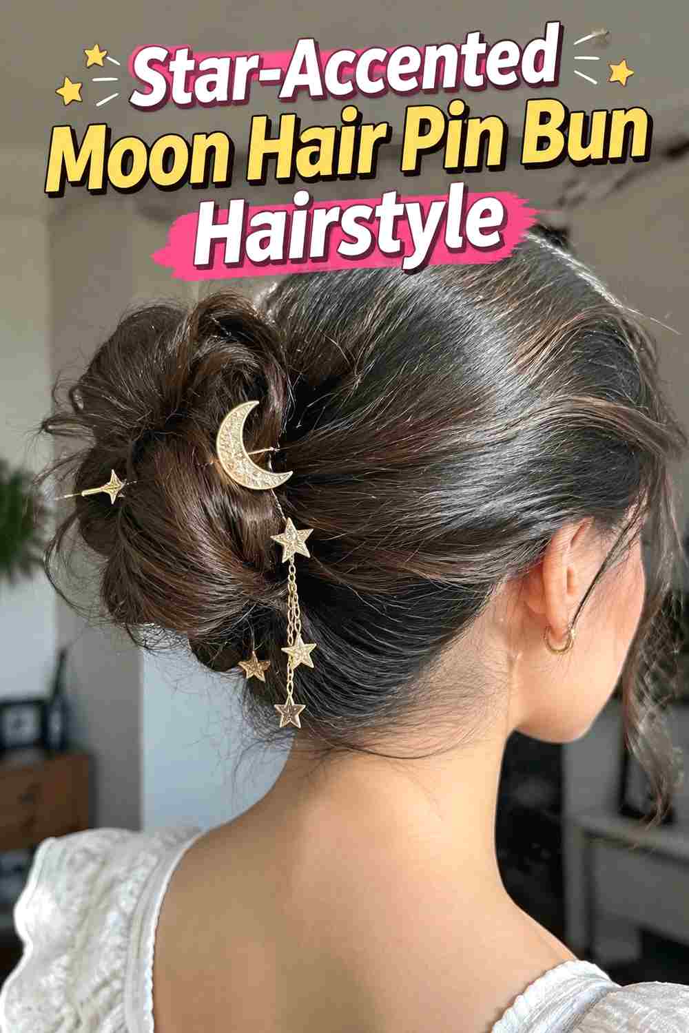 9. Star Accented Moon Hair Pin Bun Hairstyle