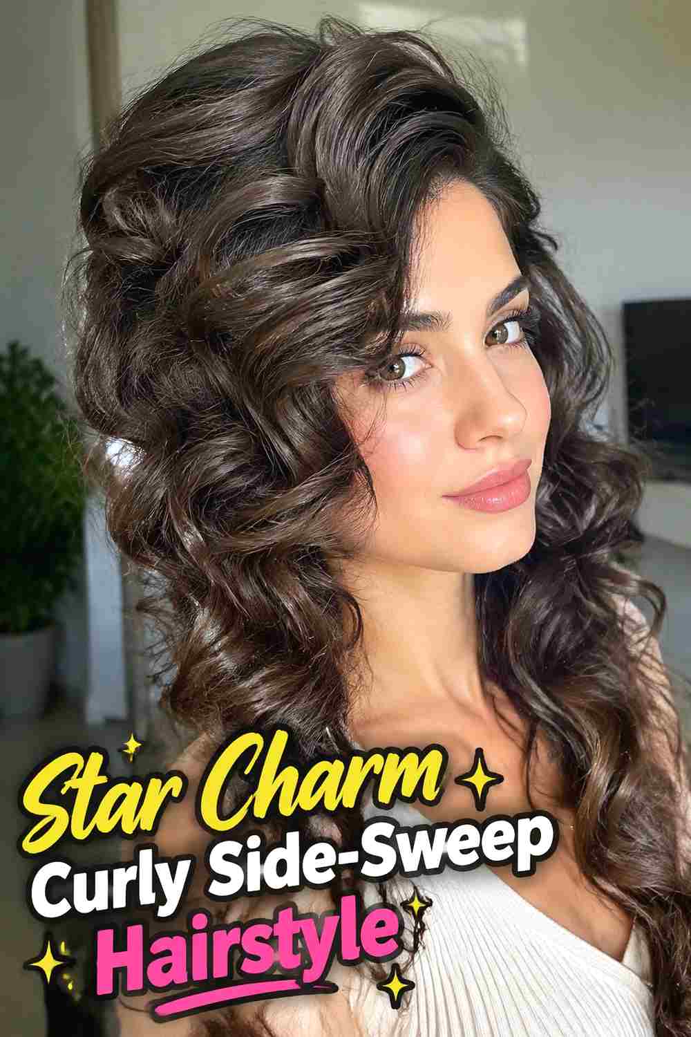 9. Star Charm Curly Side Sweep Hairstyle