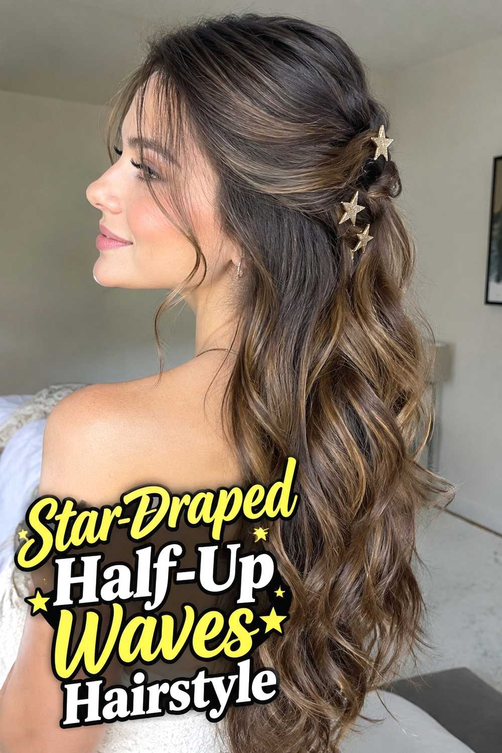 1. Star Draped Half Up Waves Hairstyle