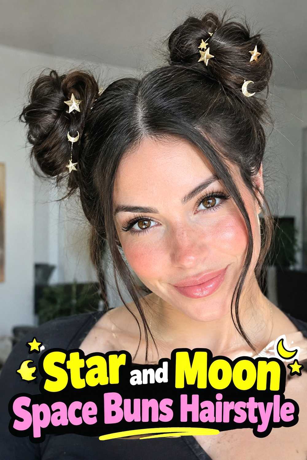 13. Star And Moon Space Buns Hairstyle