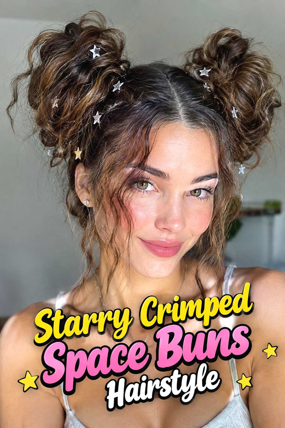 Starry Crimped Space Buns Hairstyle