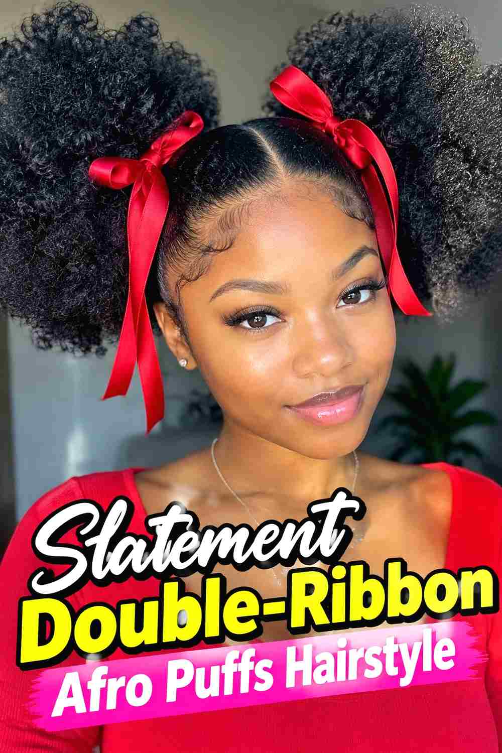 13. Statement Double Ribbon Afro Puffs Hairstyle