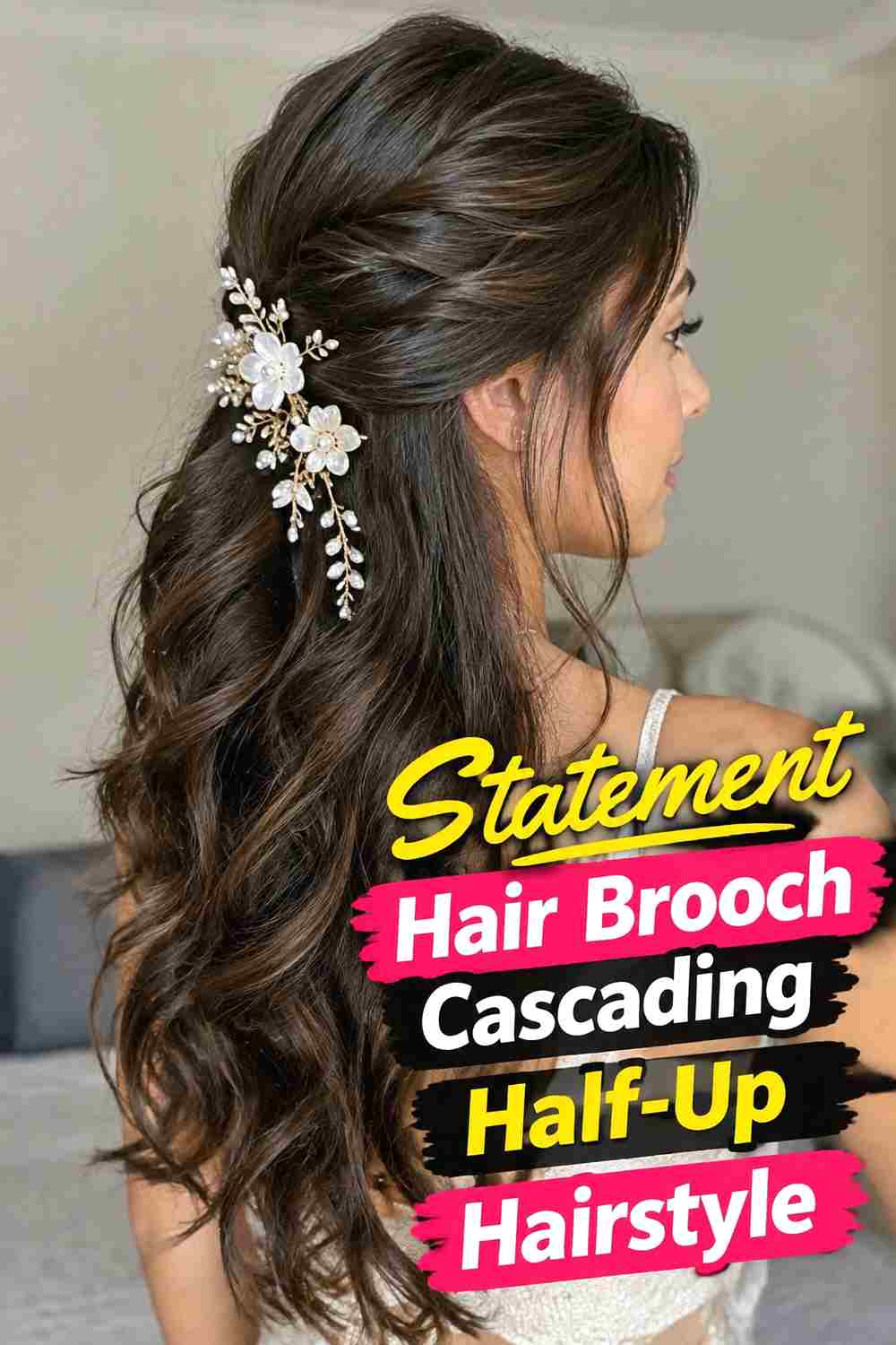 18. Statement Hair Brooch Cascading Half Up Hairstyle