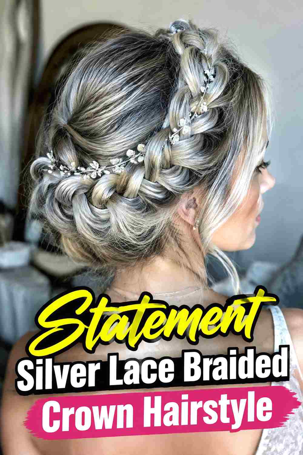 14. Statement Silver Lace Braided Crown Hairstyle