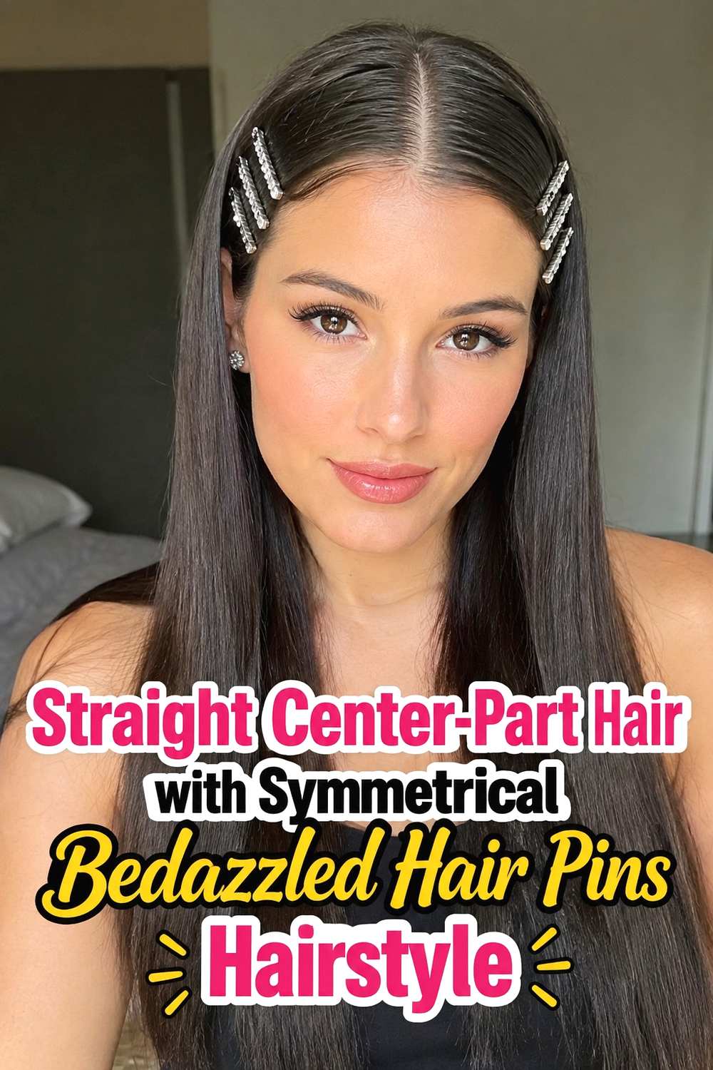 9. Straight Center Part Hair With Symmetrical Bedazzled Hair Pins Hairstyle