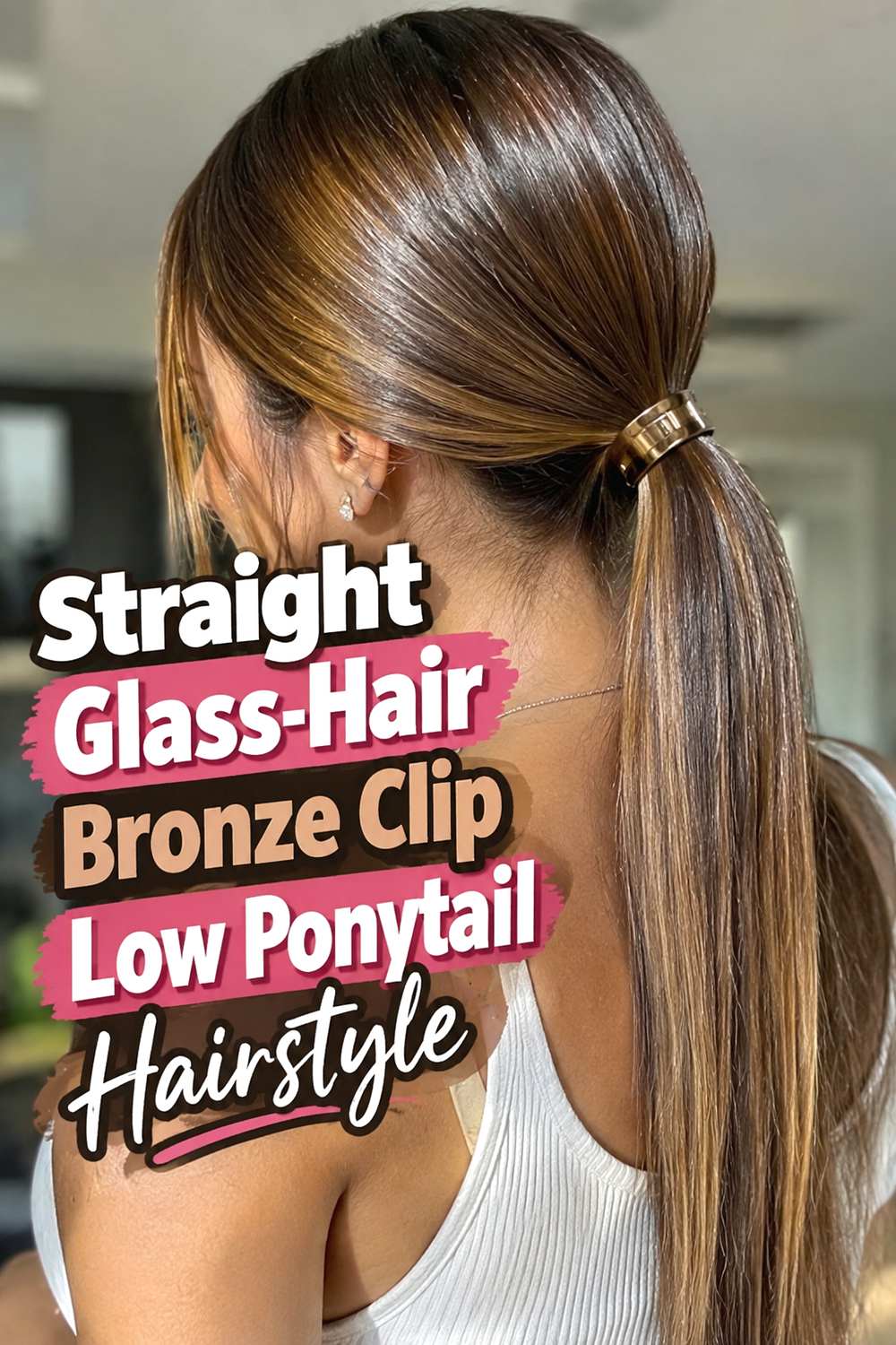 Straight Glass-Hair Bronze Clip Low Ponytail Hairstyle