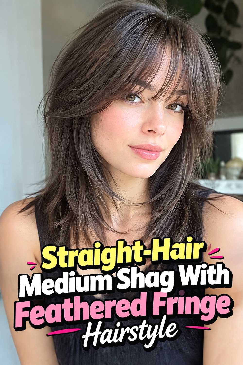 6. Straight Hair Medium Shag With Feathered Fringe Hairstyle