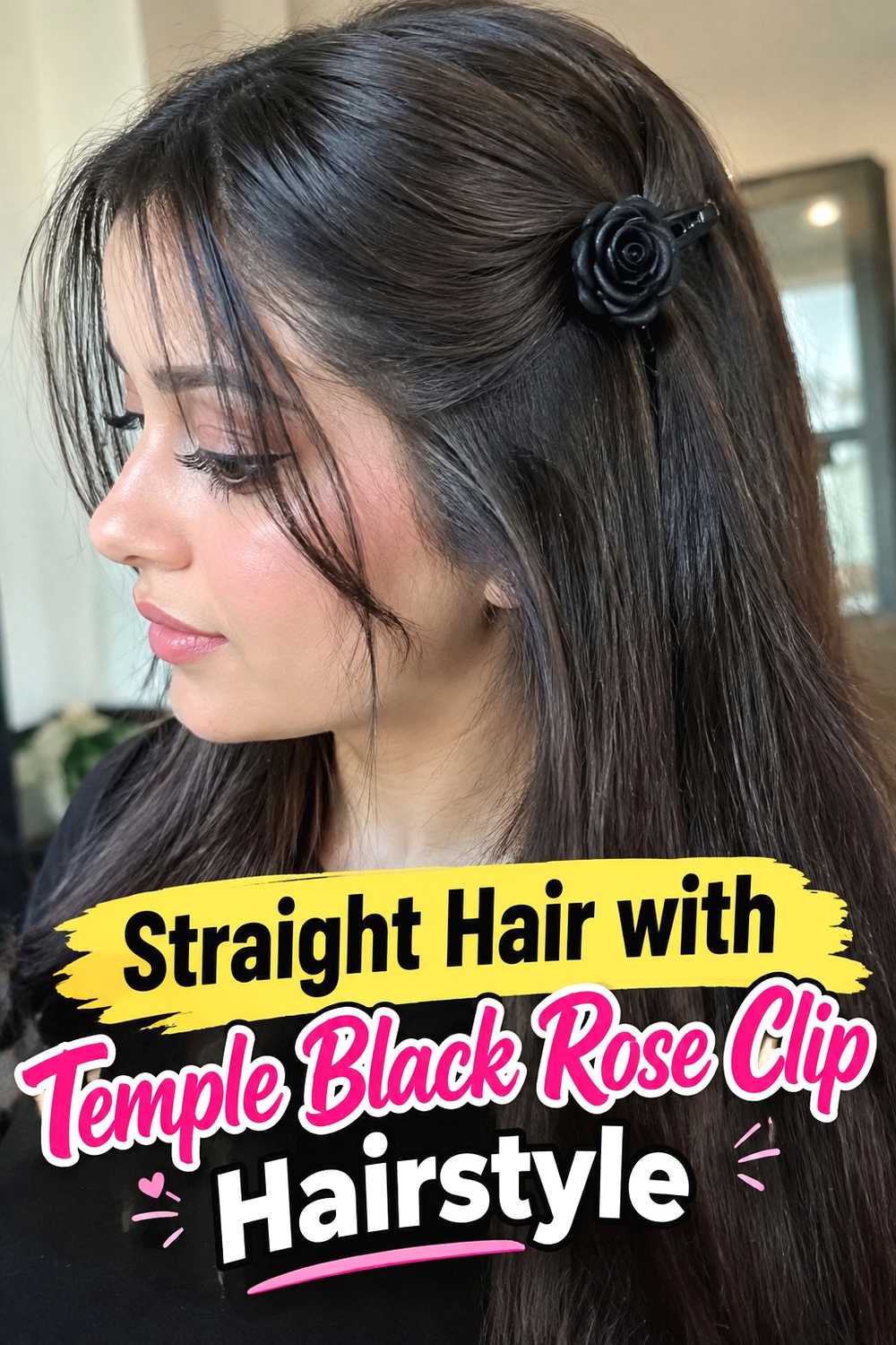 11. Straight Hair With Temple Black Rose Clip Hairstyle