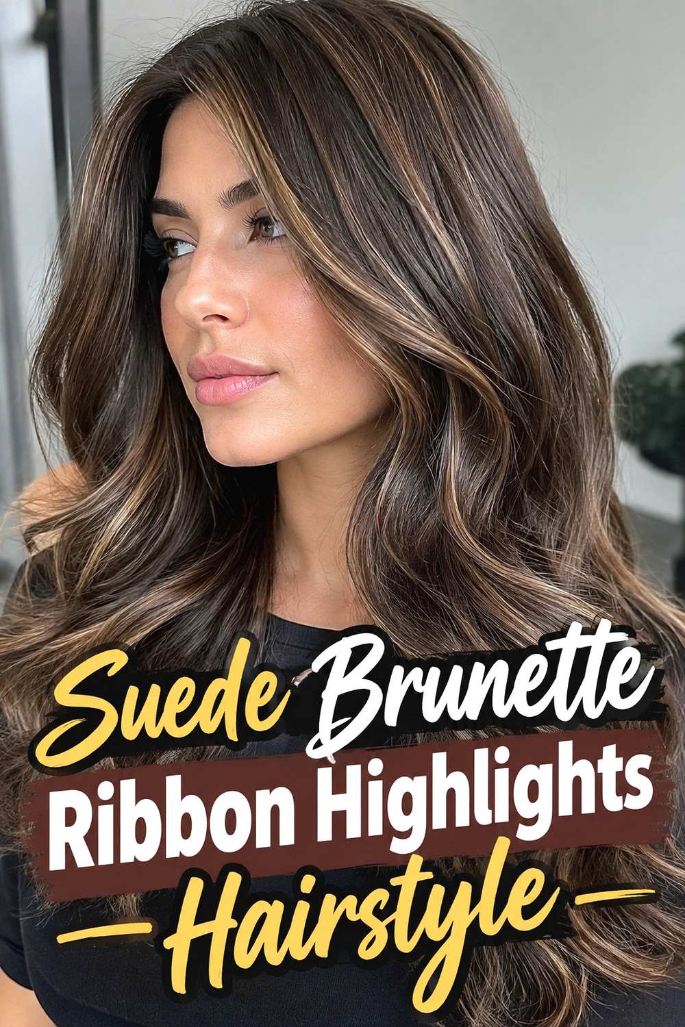 15. Suede Brunette Ribbon Highlights Hairstyle