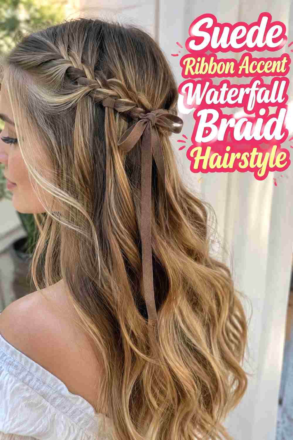 11. Suede Ribbon Accent Waterfall Braid Hairstyle