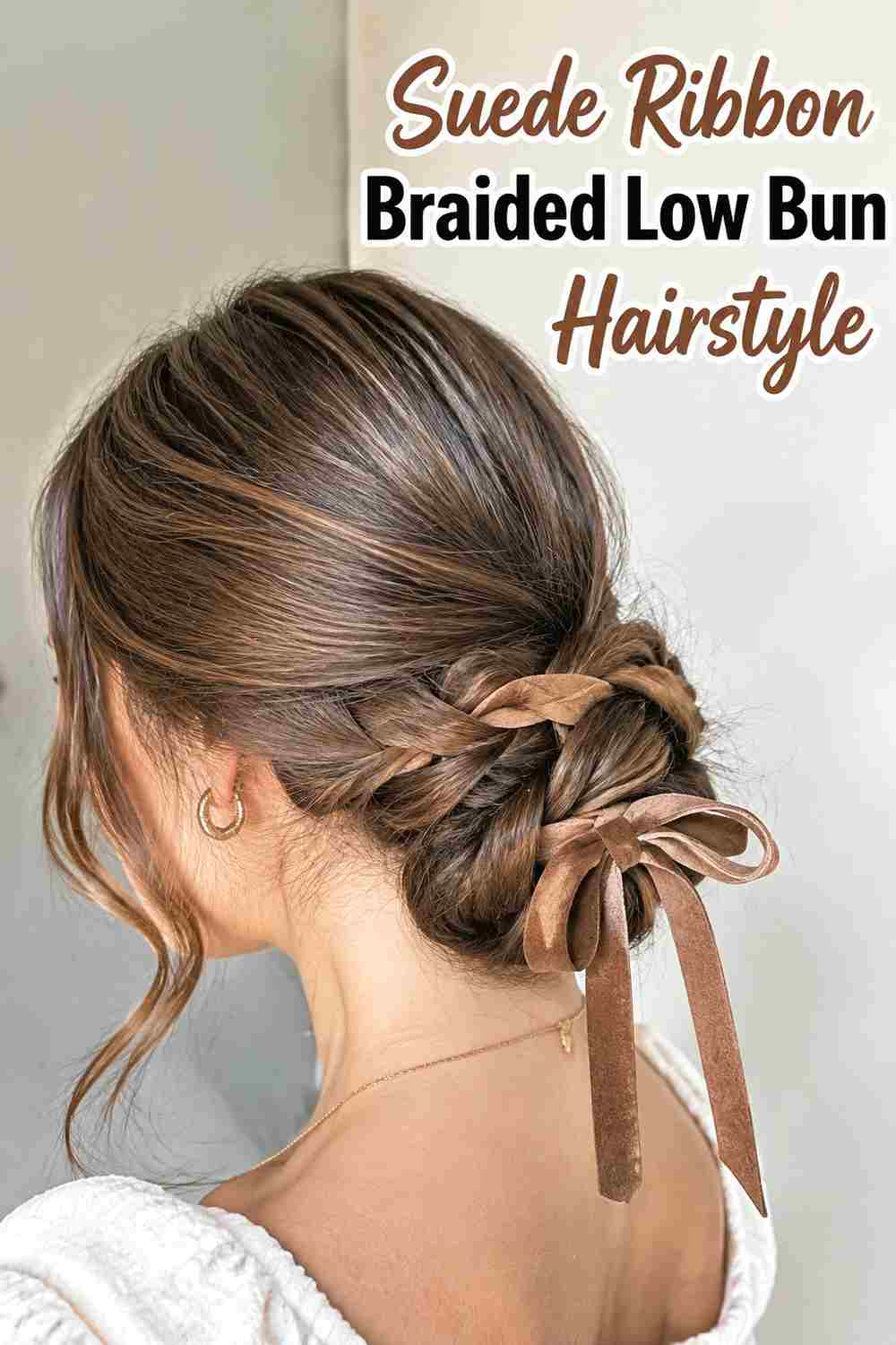 10. Suede Ribbon Braided Low Bun Hairstyle