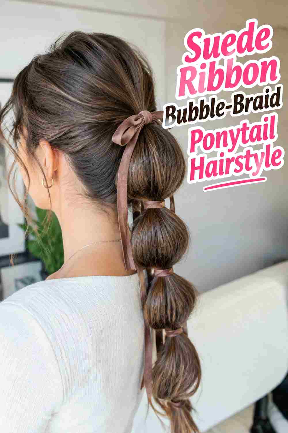 6. Suede Ribbon Bubble Braid Ponytail Hairstyle