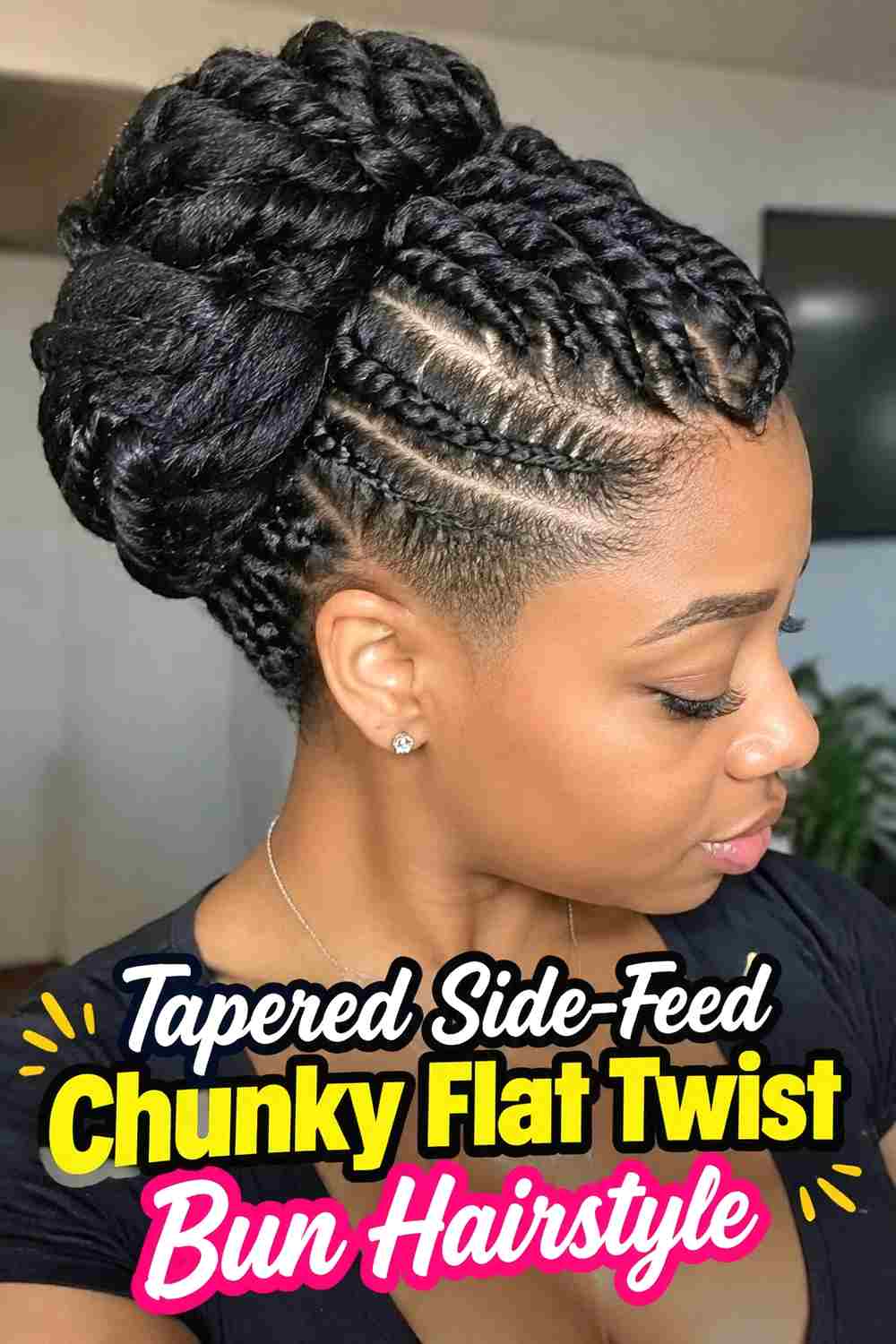 13. Tapered Side Feed Chunky Flat Twist Bun Hairstyle
