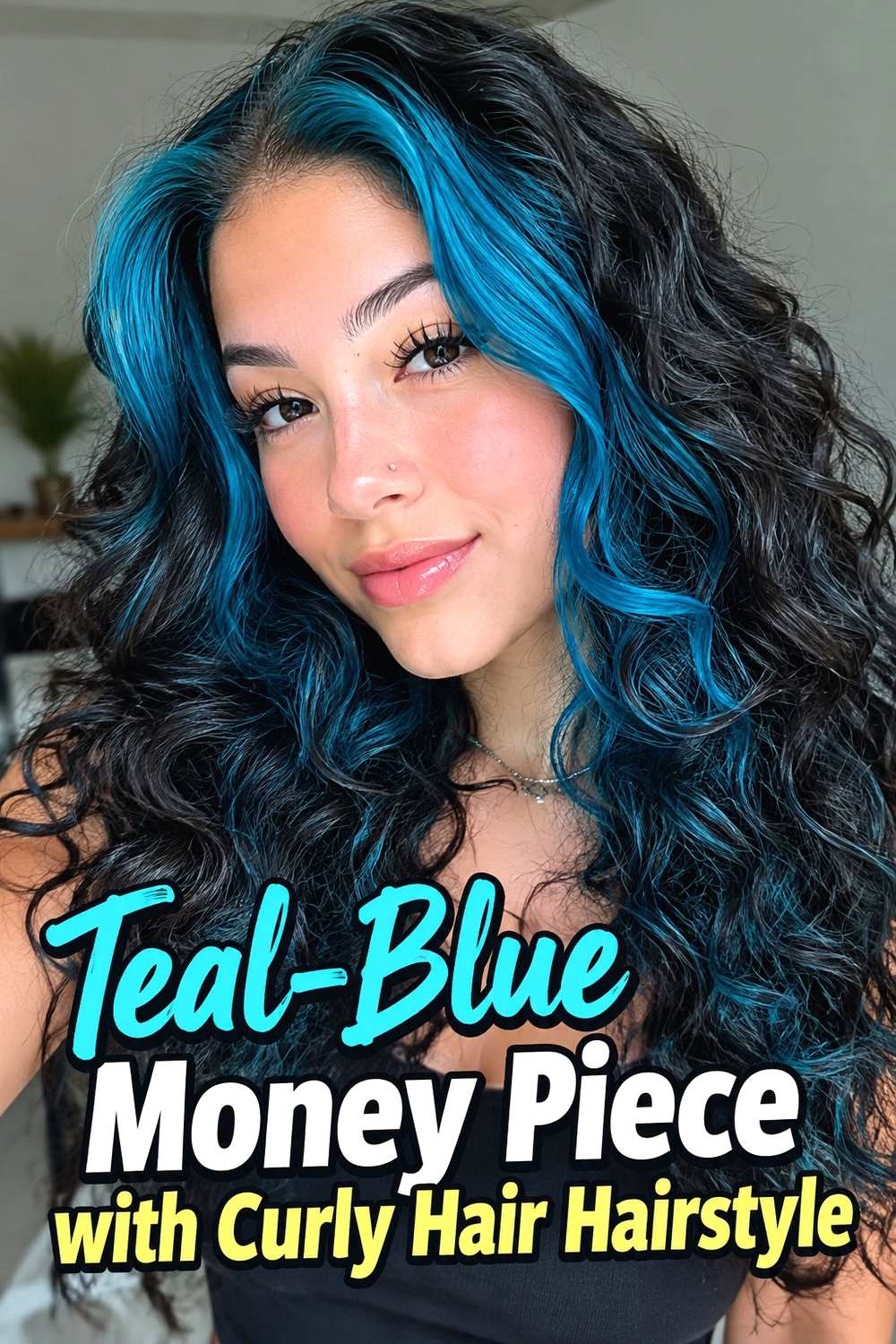 6. Teal Blue Money Piece With Curly Hair Hairstyle