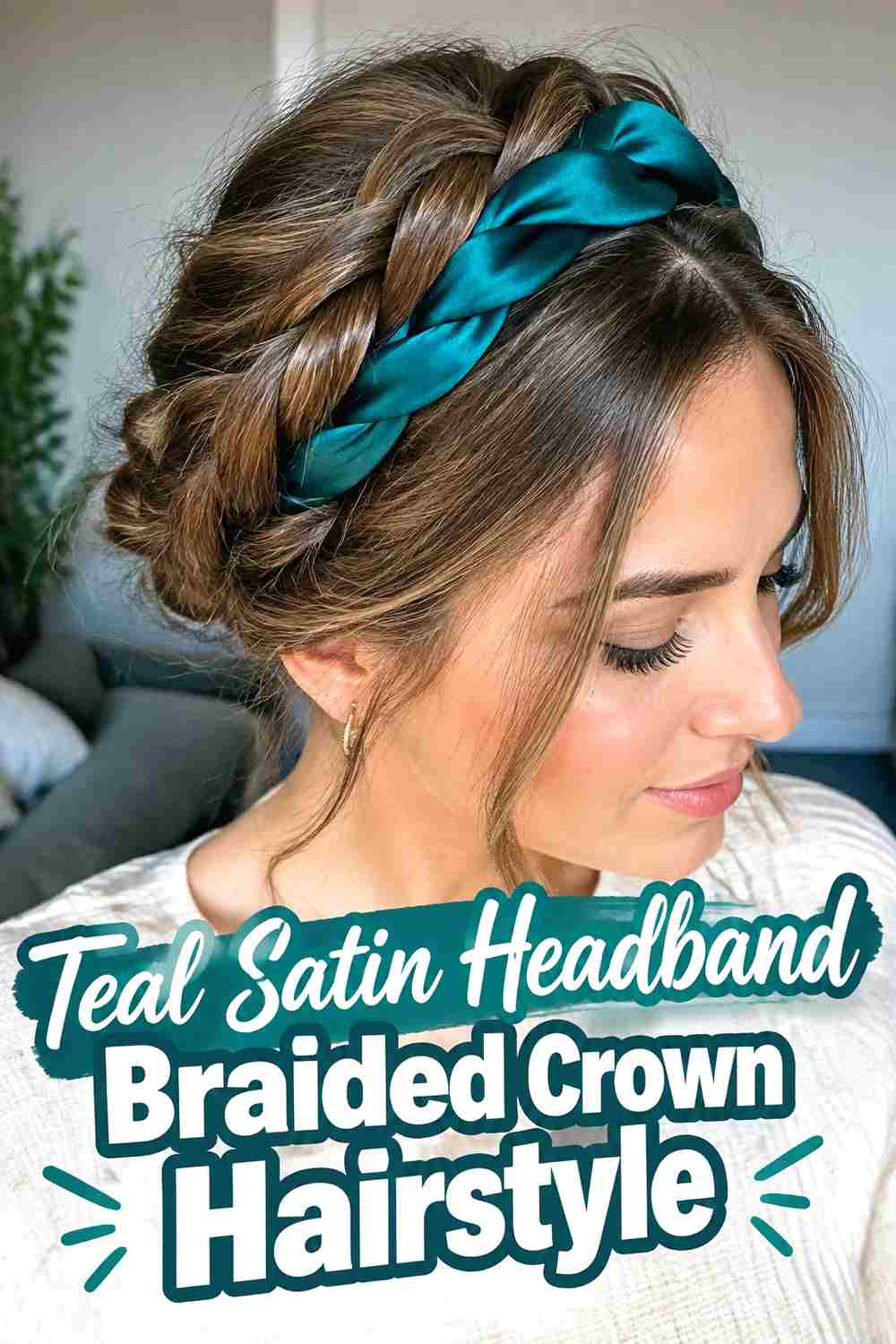 6. Teal Satin Headband Braided Crown Hairstyle