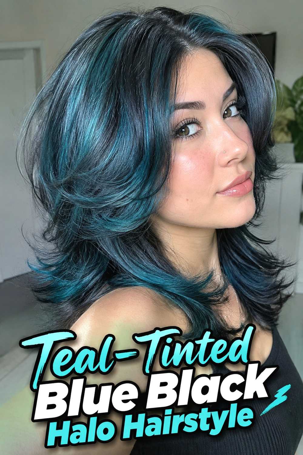 10. Teal Tinted Blue Black Halo Hairstyle