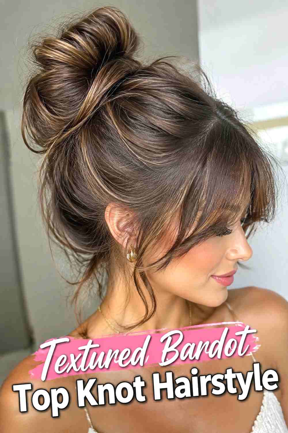 5. Textured Bardot Top Knot Hairstyle