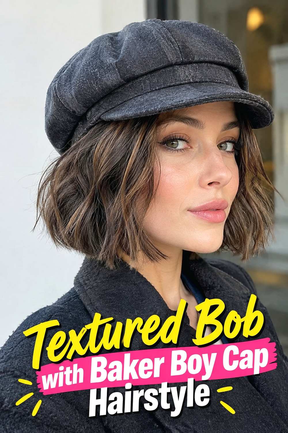 4. Textured Bob With Baker Boy Cap Hairstyle