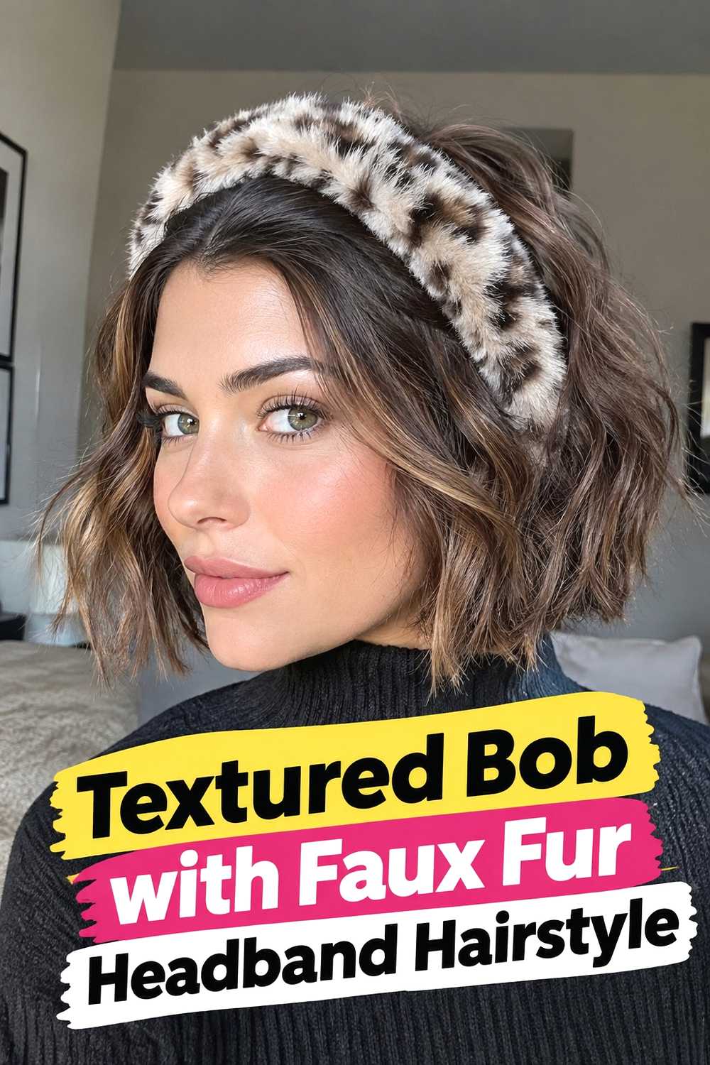 9. Textured Bob With Faux Fur Headband Hairstyle