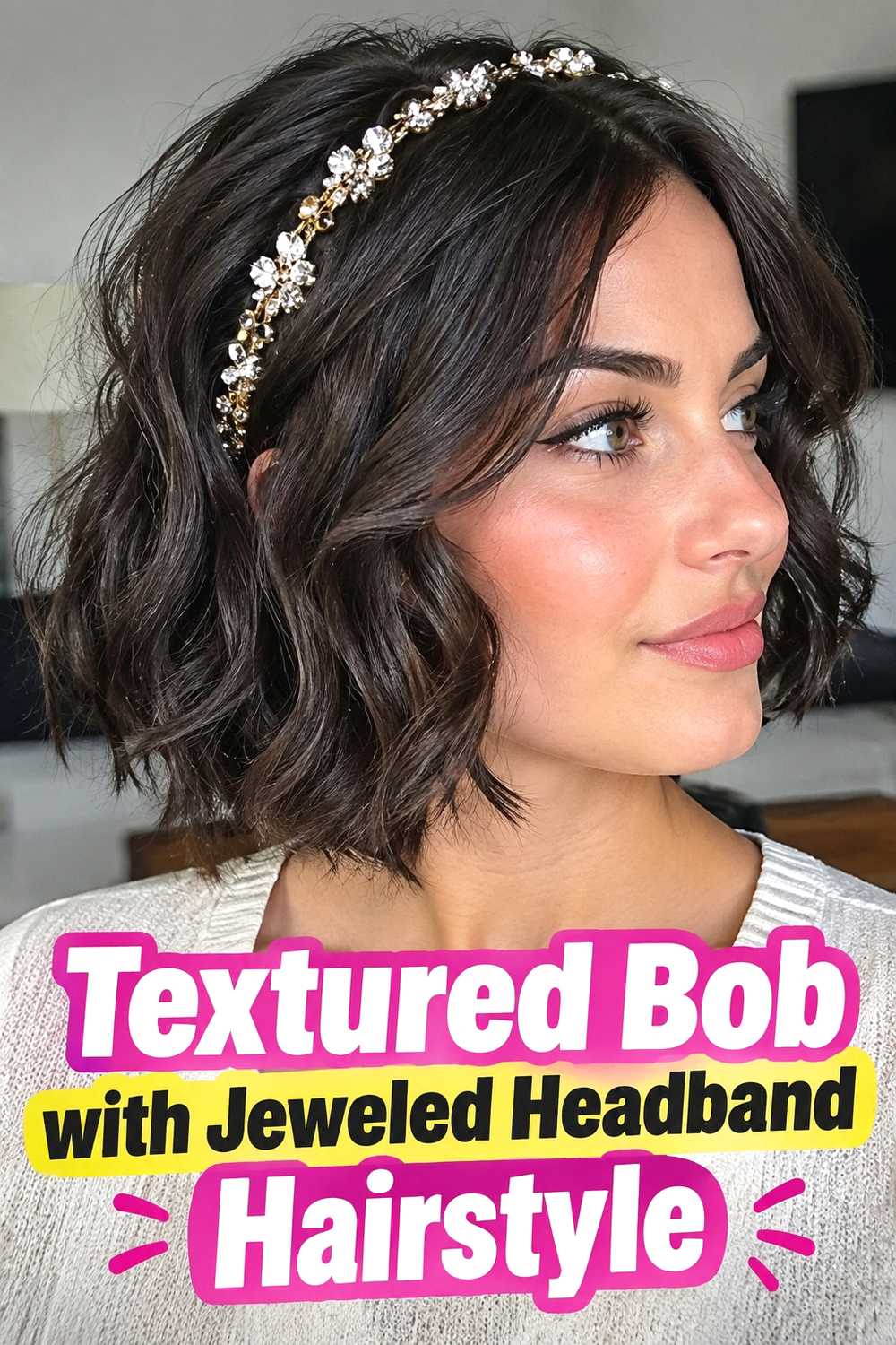 8. Textured Bob With Jeweled Headband Hairstyle