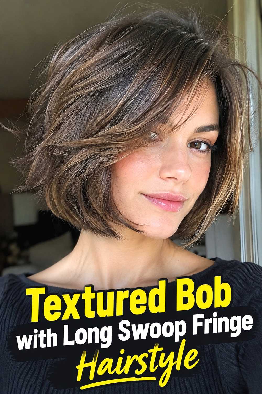 12. Textured Bob With Long Swoop Fringe Hairstyle