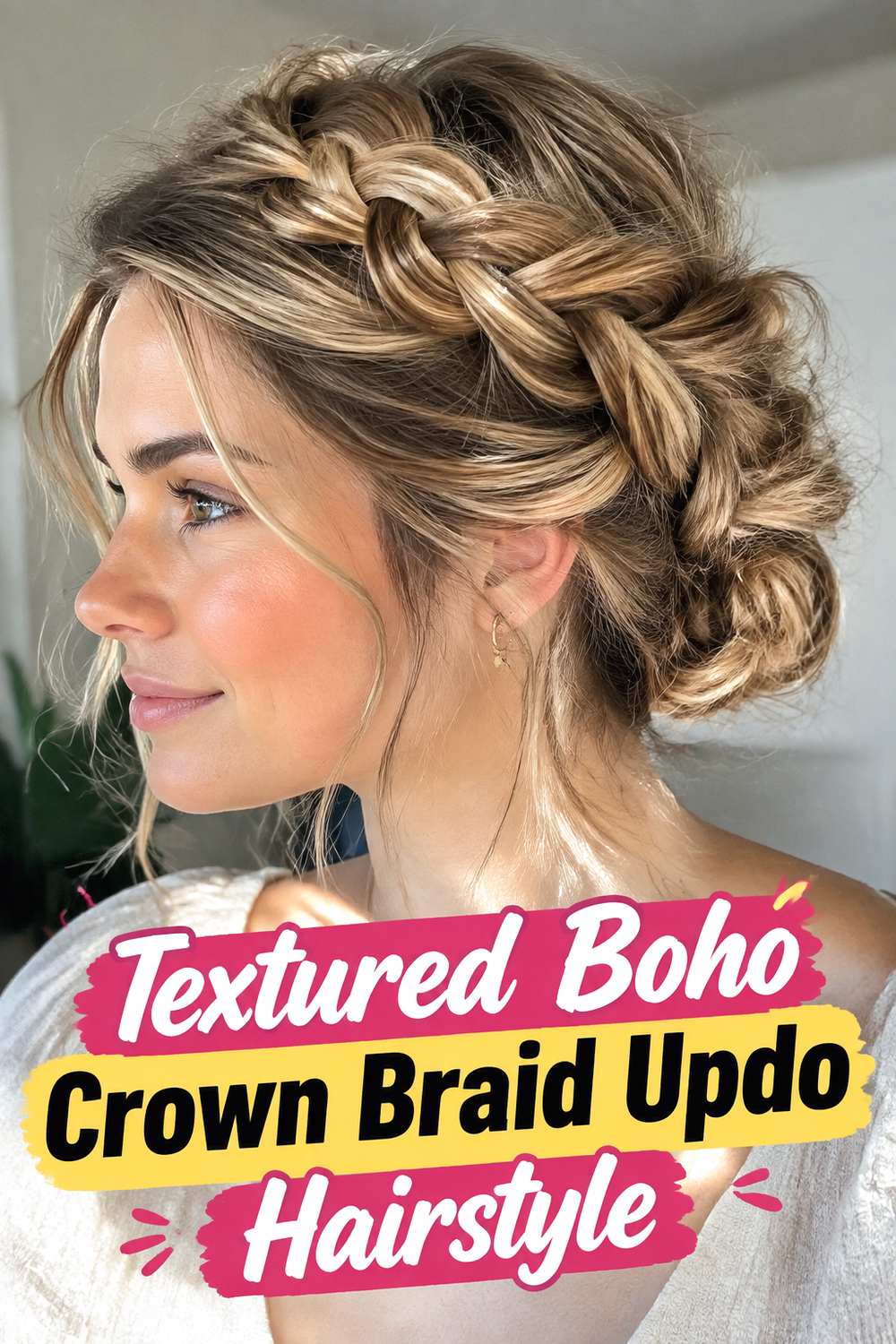 Textured Boho Crown Braid Updo Hairstyle
