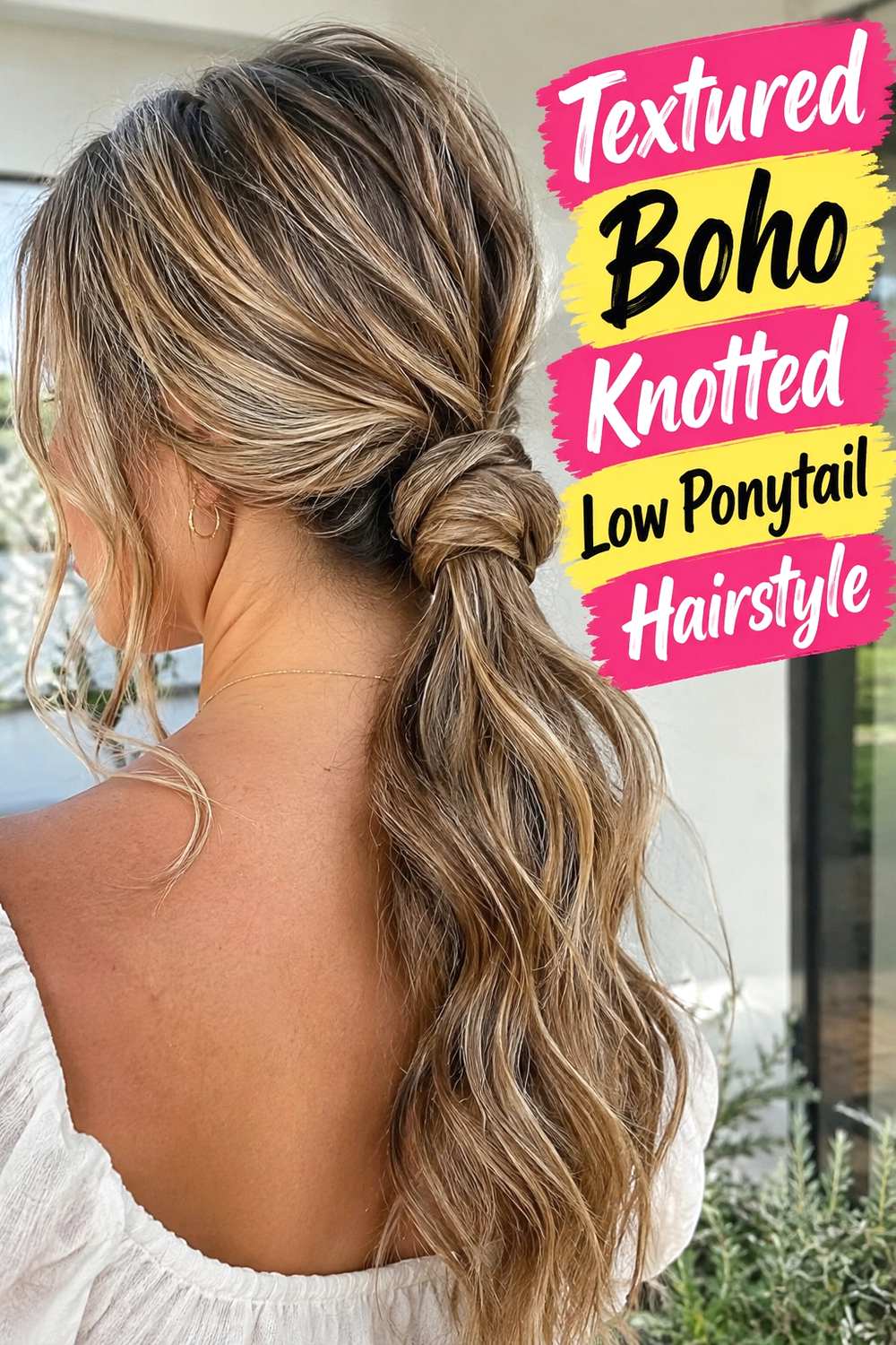 8. Textured Boho Knotted Low Ponytail Hairstyle