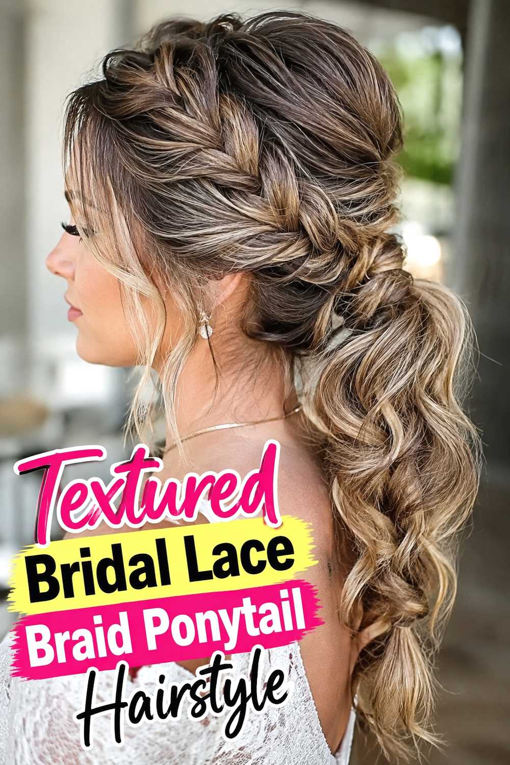 18. Textured Bridal Lace Braid Ponytail Hairstyle