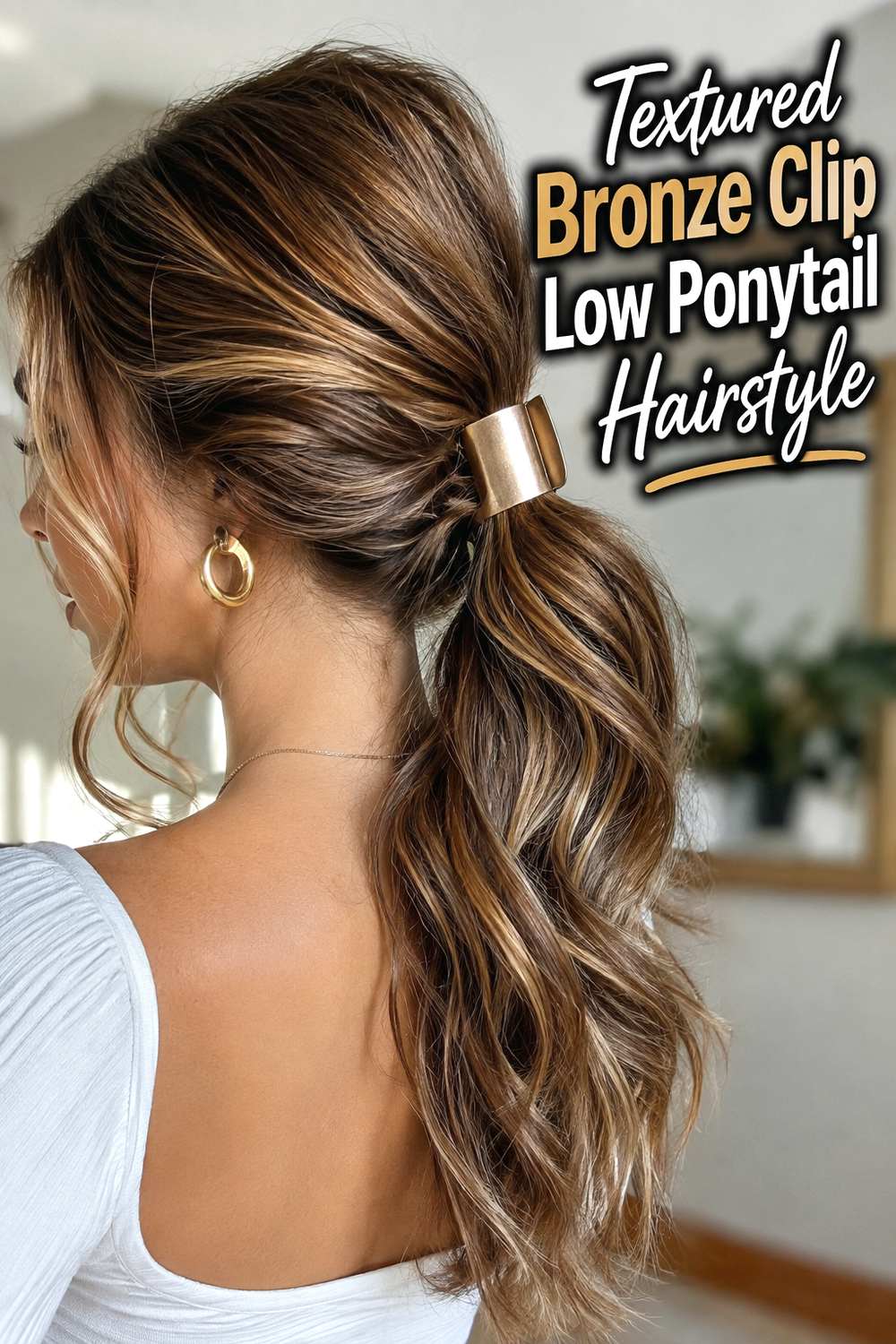 Textured Bronze Clip Low Ponytail Hairstyle