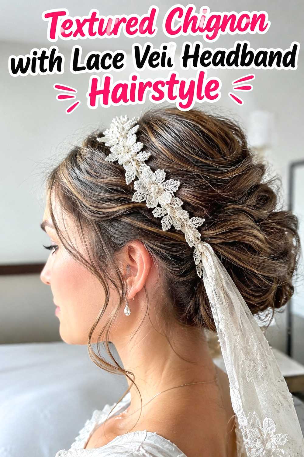 5. Textured Chignon With Lace Veil Headband Hairstyle
