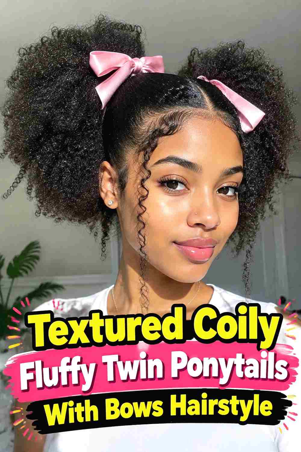 16. Textured Coily Fluffy Twin Ponytails With Bows Hairstyle