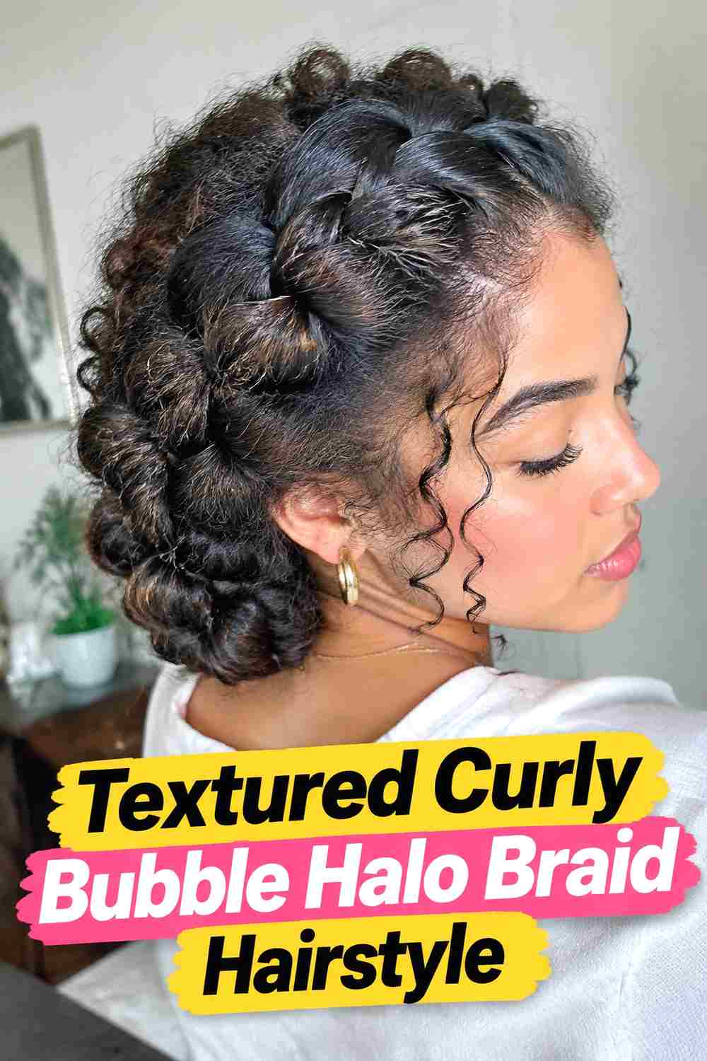 15. Textured Curly Bubble Halo Braid Hairstyle