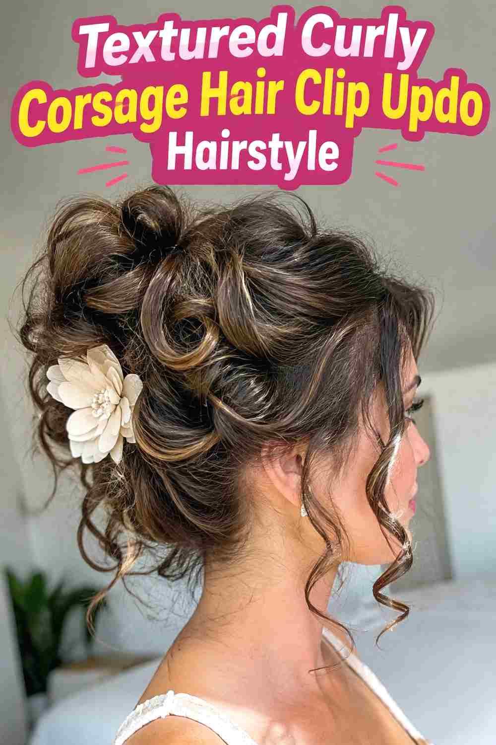 11. Textured Curly Corsage Hair Clip Updo Hairstyle