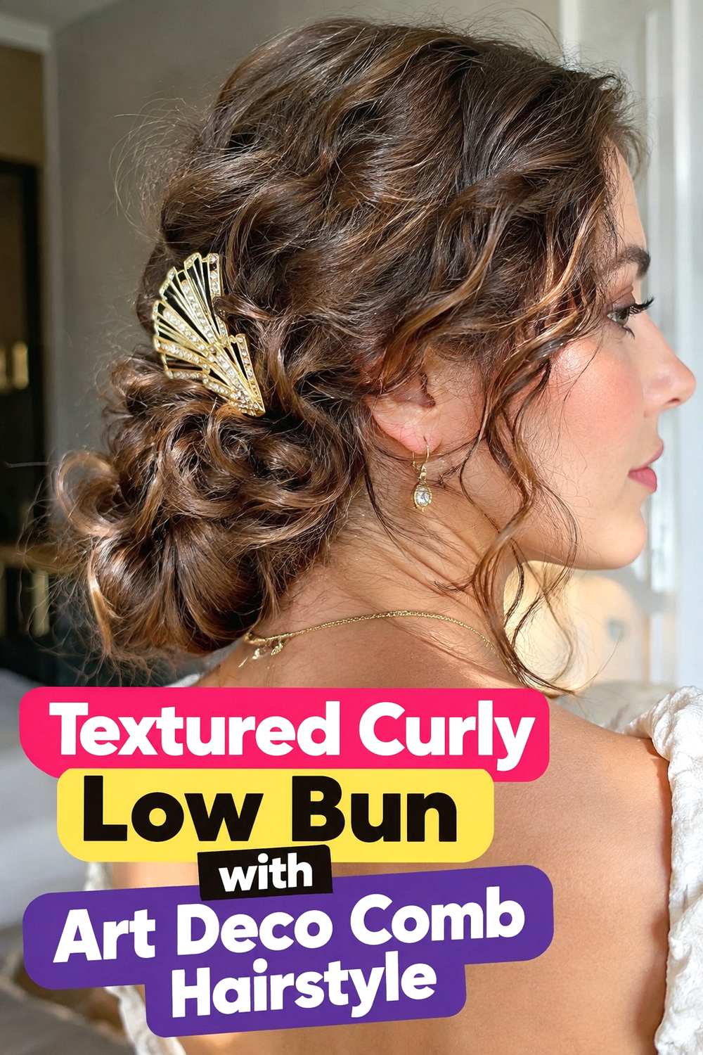 8. Textured Curly Low Bun With Art Deco Comb Hairstyle