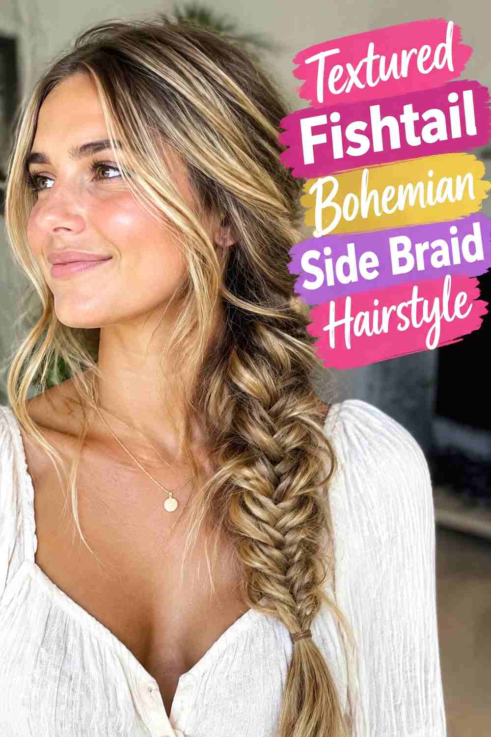 2. Textured Fishtail Bohemian Side Braid Hairstyle