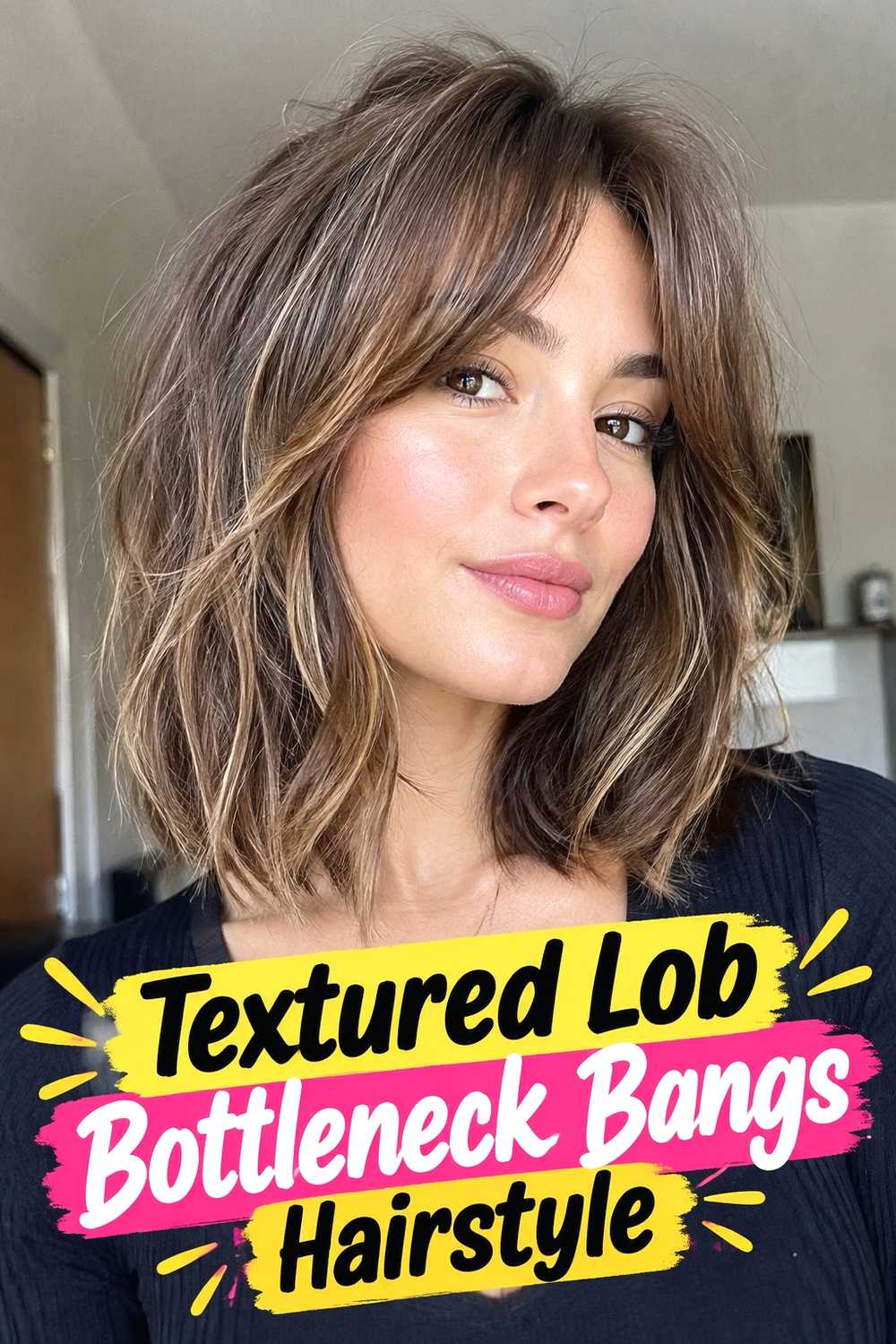 10. Textured Lob Bottleneck Bangs Hairstyle