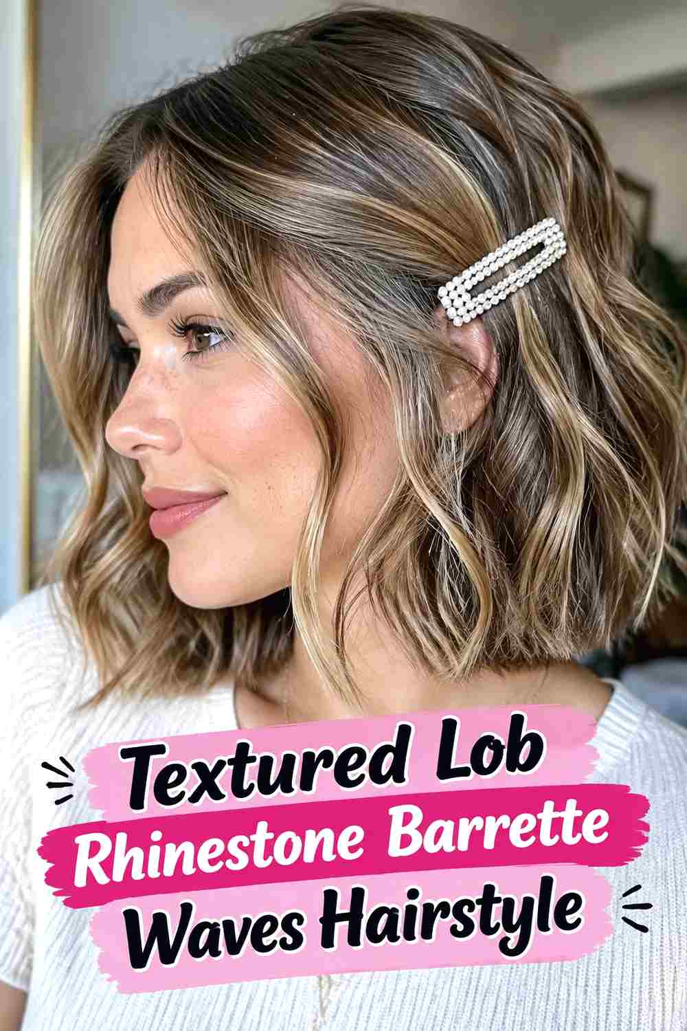 8. Textured Lob Rhinestone Barrette Waves Hairstyle