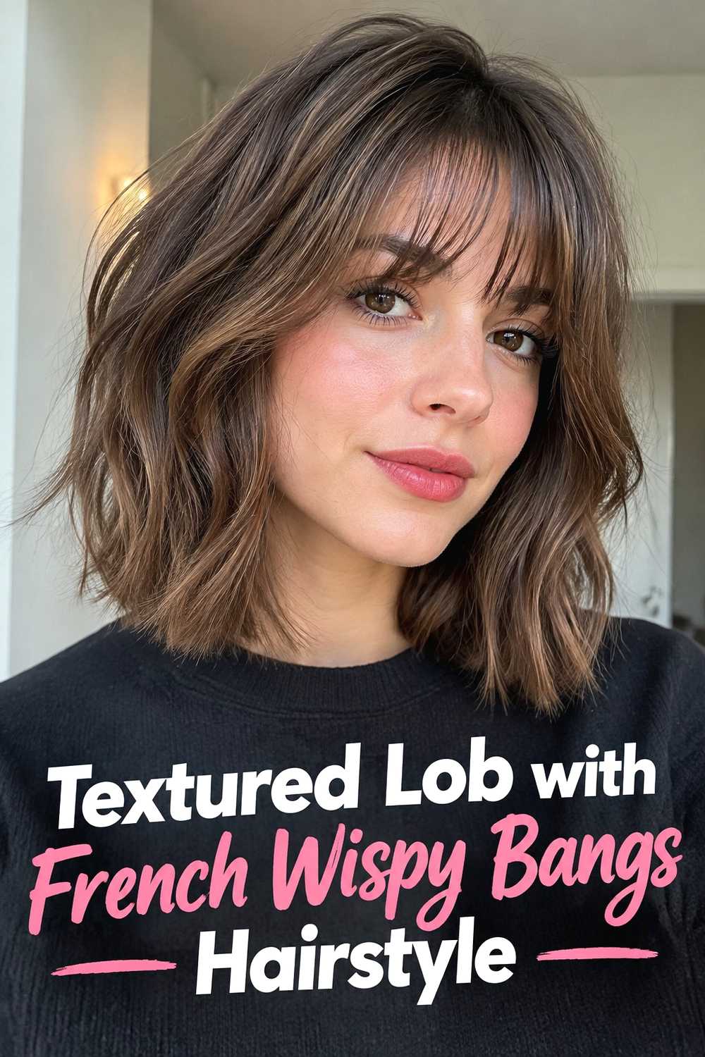 6. Textured Lob With French Wispy Bangs Hairstyle