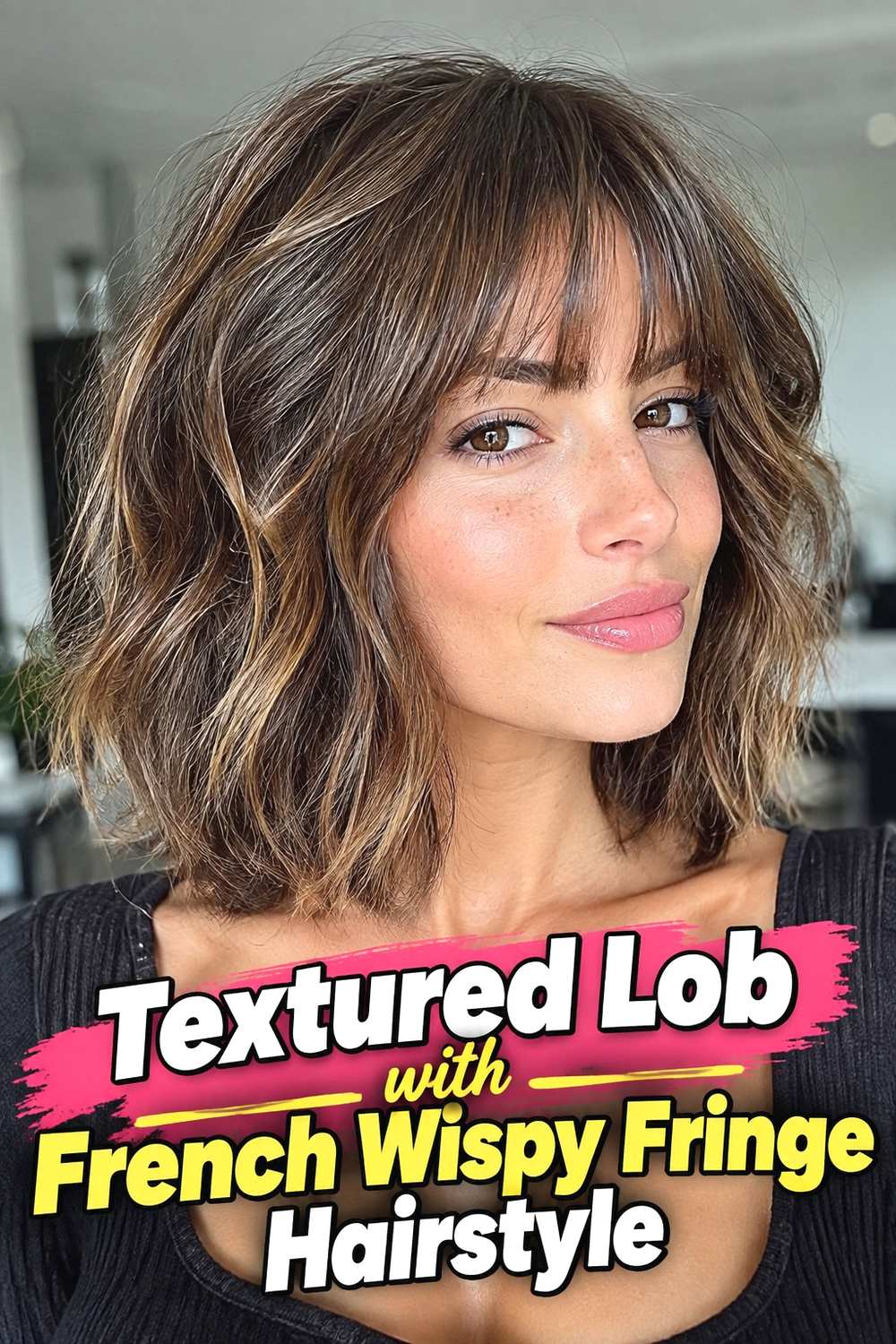 4. Textured Lob With French Wispy Fringe Hairstyle