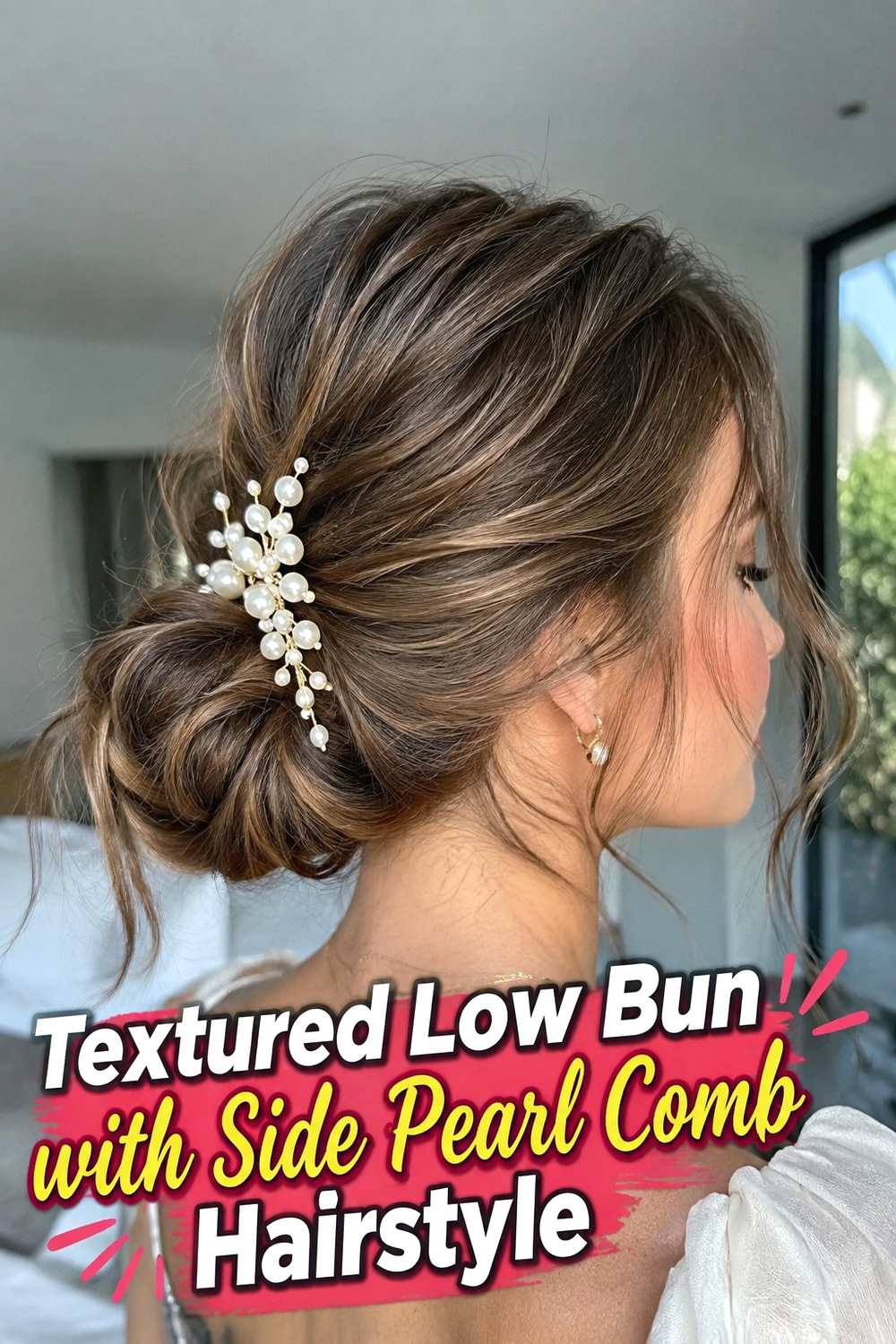 4. Textured Low Bun With Side Pearl Comb Hairstyle