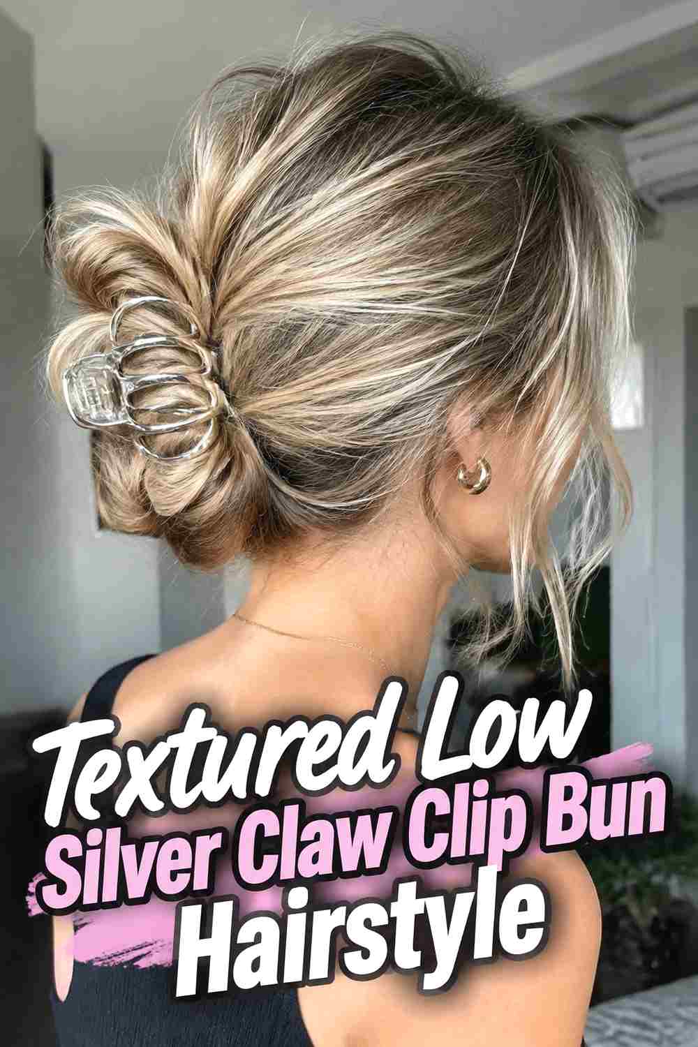 8. Textured Low Silver Claw Clip Bun Hairstyle
